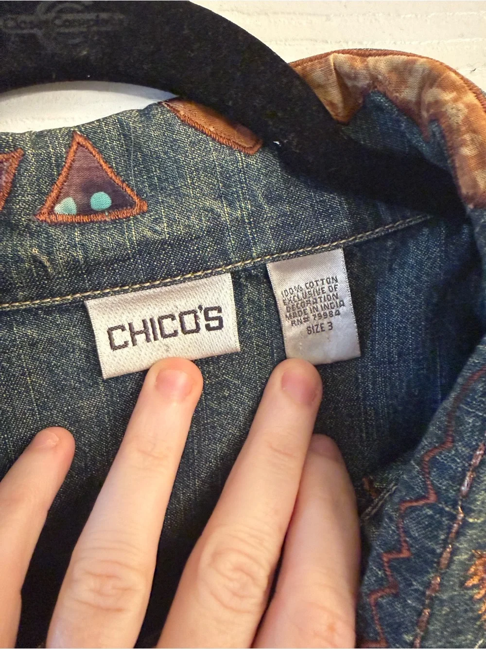 Vintage Chico's Embroidered Southwestern Denim Jacket Zip